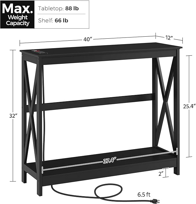 Yaheetech 40" Console Table with Power Outlets and USB Ports, Wood Entryway Table with Charging Station & Storage Shelf, Narrow 2-Tier Sofa Table for Living Room Hallway Foyer, Black