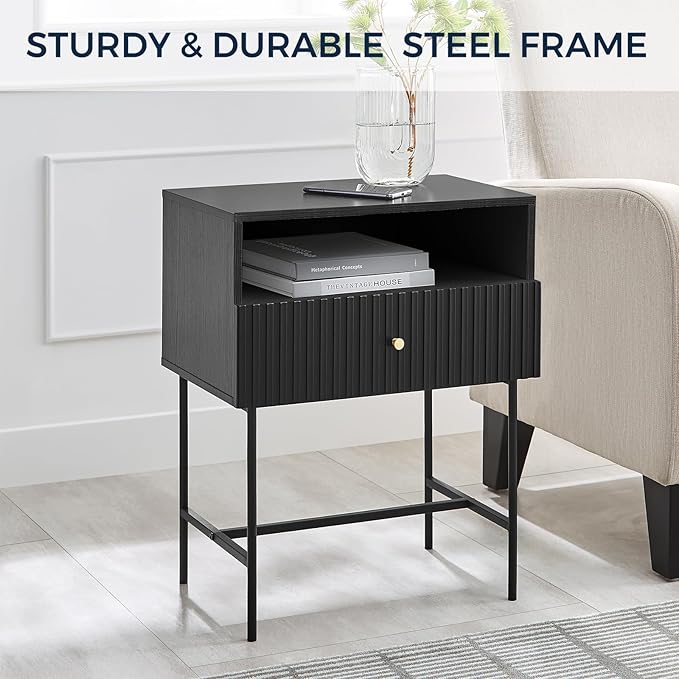 OCANDO Black Night Stand 19" Bedroom Bedside Table, Mid Century Modern Small Nightstand with 1 Fluted Drawer and Storage Shelf, Living Room Slim Sofa Couch Side End Tables Gold Handle