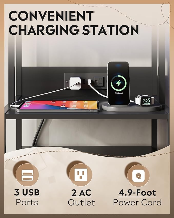 WLIVE Nightstand Set of 2 with Charging Station, LED Night Stand Sets with 2 Drawers and 4 Storage Open Shelves, Fabric Dressers for Bedroom, Black