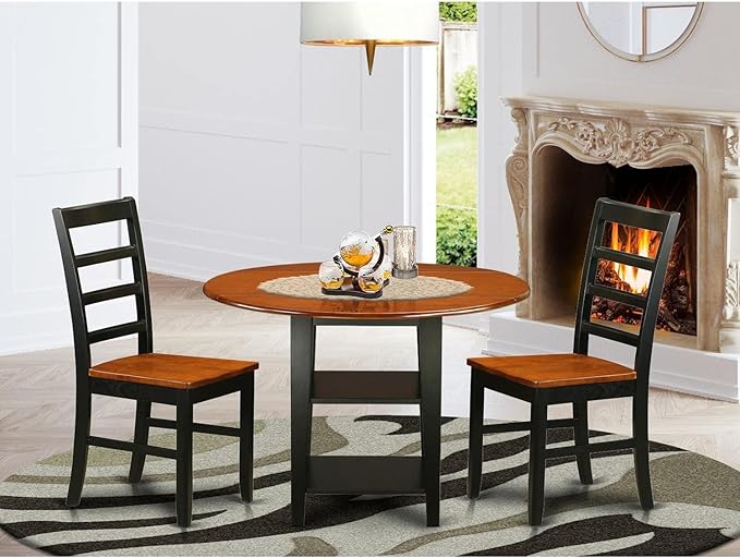 East West Furniture SUPF3-BCH-W 3 Piece Dining Room Furniture Set Contains a Round Kitchen Table with Dropleaf & Shelves and 2 Dining Chairs, 42x42 Inch, Black & Cherry