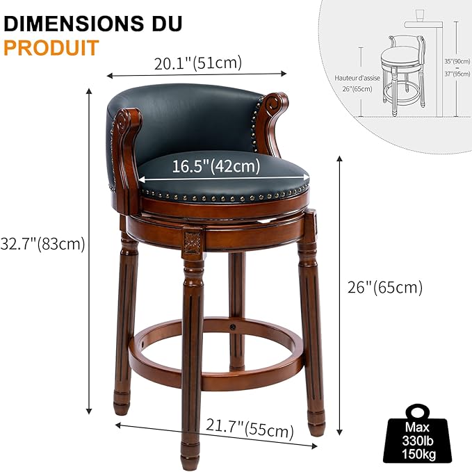 Cow top Leather Wooden Bar Stools, 26" Counter Height Bar Chair with Back, 180 Degrees Swivel Barstools Chair for Home Kitchen Counter,Dining Room, Restaurant