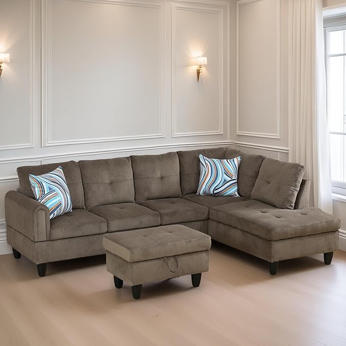 L Shaped Sectional Couches for Living Room, Modern Modular Sectional Sofa with Ottoman Storage, Comfy L Shaped Couch with Chaise for Bedroom Apartment Furniture, Brown