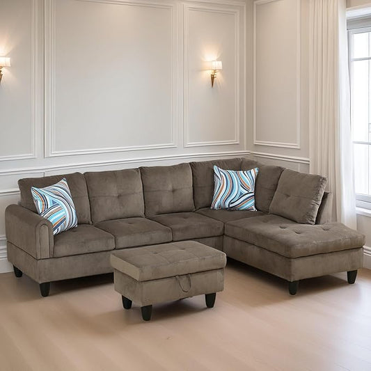 L Shaped Sectional Couches for Living Room, Modern Modular Sectional Sofa with Ottoman Storage, Comfy L Shaped Couch with Chaise for Bedroom Apartment Furniture, Brown