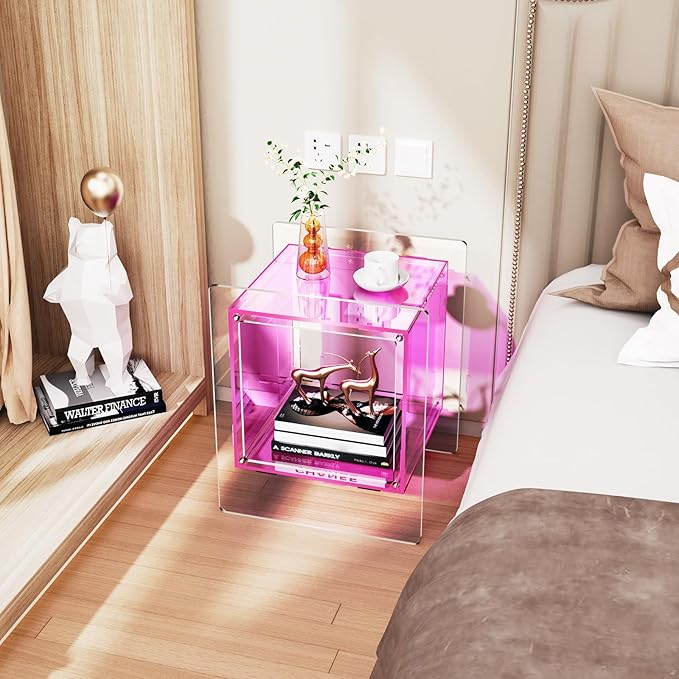 Acrylic Nightstand Colorful Bedside Table with Open Storage Shelf,Clear Side Table for Living Room (1, Pink)