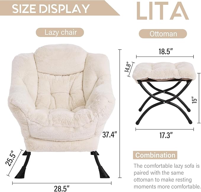 LITA Lazy Chair with Ottoman, Modern Accent Leisure Upholstered Sofa Chair, Lounge Reading Chair with Armrests and a Side Pocket for Living Room, Bedroom & Small Space, Plush Beige