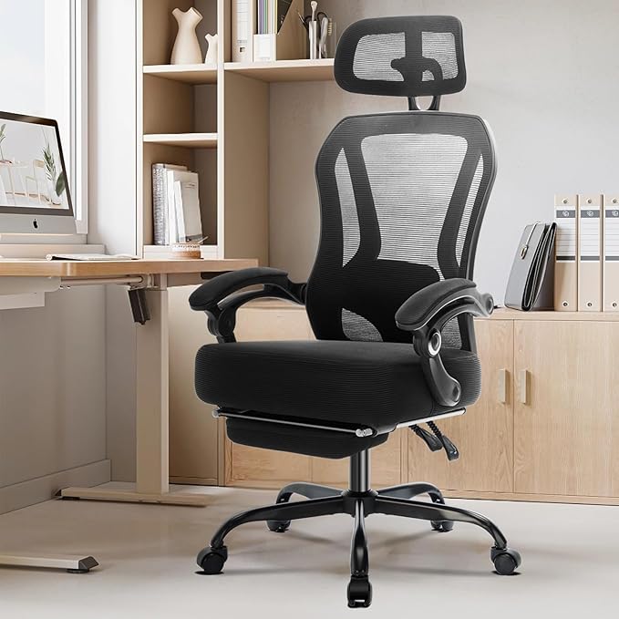 Ergonomic Office Chair with Footrest,Ultra Thick Reclining Office Desk Chair with Adjustable 2D Lumbar Support and Headrest,Spring Cushion,High Back Premium Mesh Computer Chair Office Chairs,Black