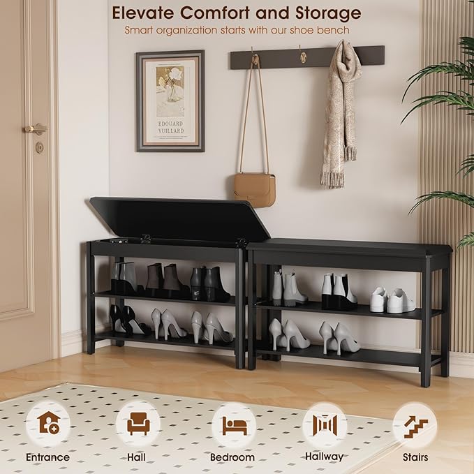 Shoe Rack Bench Seat Rubberwood 2-Tier Wooden Storage Bench 560lbs Compact Mid-Century Modern Design for Entryway, Hallway, Closet, Front Door Entrance, Foyer