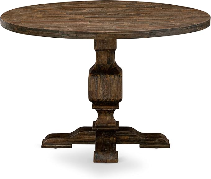 East West Furniture I3MZ7-748 7 Piece Dining Room Table Set Consist of a Round Dining Table with Pedestal and 6 Coffee Linen Fabric Upholstered Chairs, 48x48 Inch, Distressed Jacobean