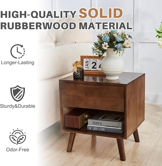 Uniclinens Nightstand with Drawer and Opening Storage, Modern Solid Rubberwood Bedside Table for Bedroom, 19" Sofa Side Table End Tables Living Room, Walnut