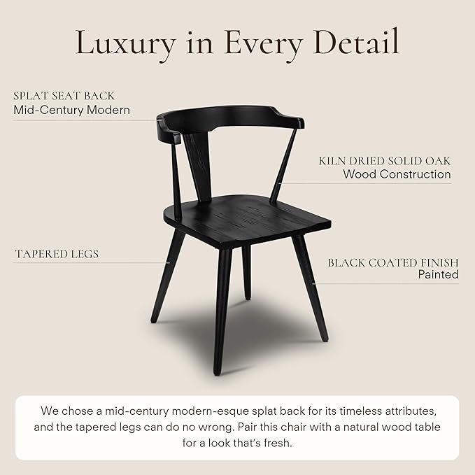 POLY & BARK Mid Century Modern Enzo Black Dining Chair – Solid Oak Wood Splat Back Chair, 18" Seat Height, 32" Tall – Stylish MCM Kitchen & Dining Room Chair - Set of 2