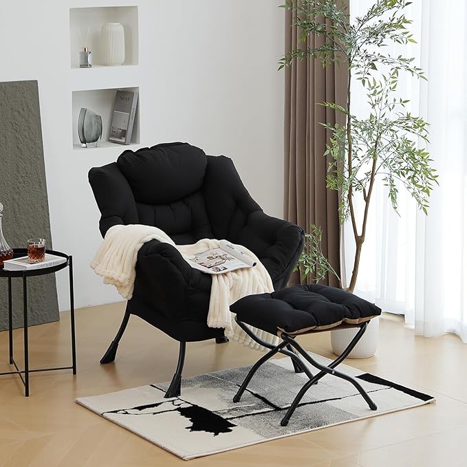 Modern Lazy Chair with Folding Footrest, Lounge Accent & Comfortable Reading Chair (Black)