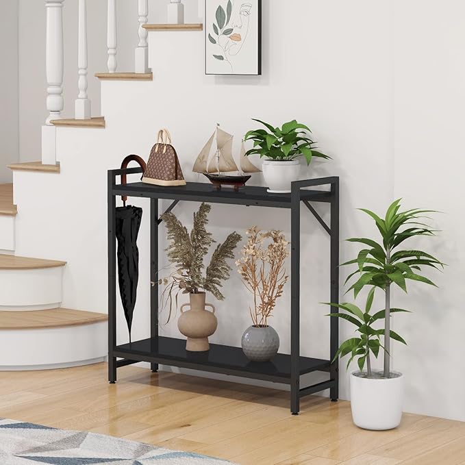 Narrow Console Table, 2 Tier Small Entryway Table, Sofa Table with 2 Support Bar, Industrial Couch Table, Thin Side Table, Display Table for Living Room, Hallway, Bedroom, Foyer, Black
