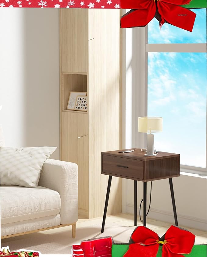 HAIOOU Mid Century End Table with Charging Station, Modern One Drawer Nightstand Side Table with Premium Matte Black Handle and Pine Wood Legs for Home Bedroom Living Room