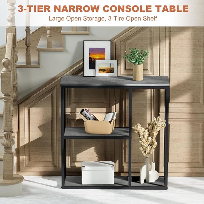 WOHOMO Console Table, 12 Inch Narrow Entryway Table with 3-Tier Storage Shelves 31.5 Inch Industrial Sofa Table Small Hallway Table for Living Room Grey