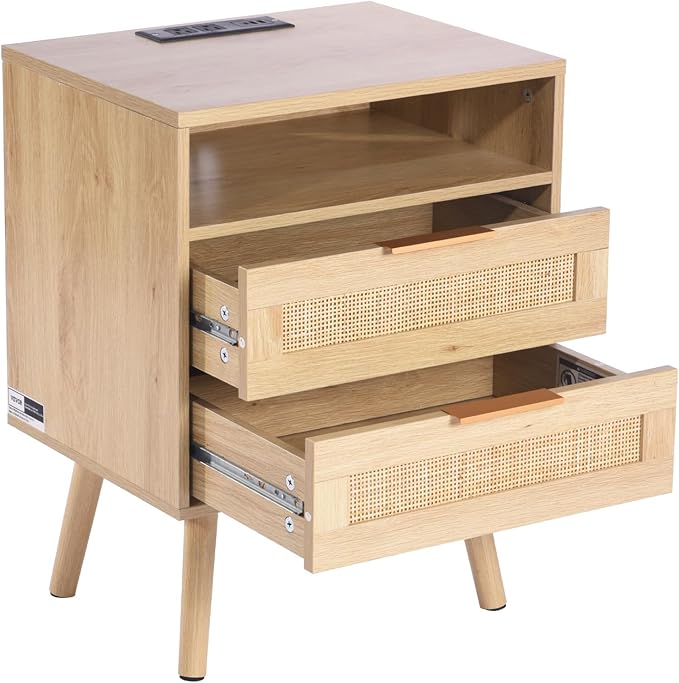 VEVOR Rattan Nightstand, Boho Bedside Table with Open Shelf 2 Drawers, End Table Nightstand with Solid Wood Legs, Rattan Bedside Table with Charging Station, for Bedroom