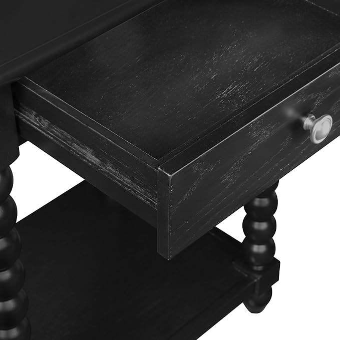 OSP Home Furnishings Elise Cottage Style Table with Spindle Legs, Open Storage Shelf, Side Table, Black Finish