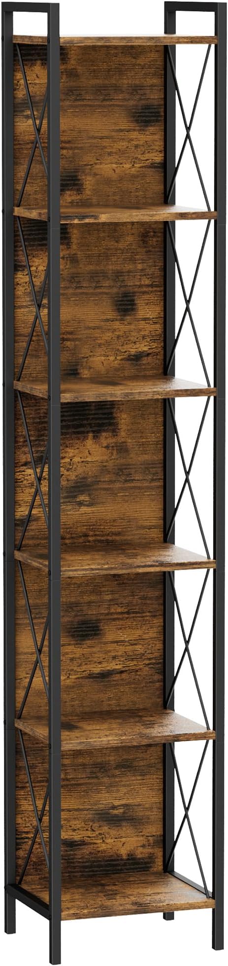 Homhedy 6 Tier Bookshelf Bookcase, Tall Narrow Bookshelf for Small Space, Metal Storage Shelves with Back Panel, for Home Office, Living Room, Kitchen, Bedroom, Industrial Style, Rustic Brown