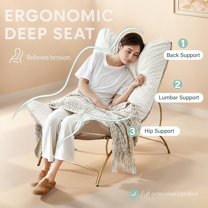 Welnow Accent Lounge Lazy Chair, Comfy Soft Leisure Metal Frame Reading Chair, Upholstered Thick Cushion Seated Recliner Sofa for Living Room, Bedroom, Dorm, Beige