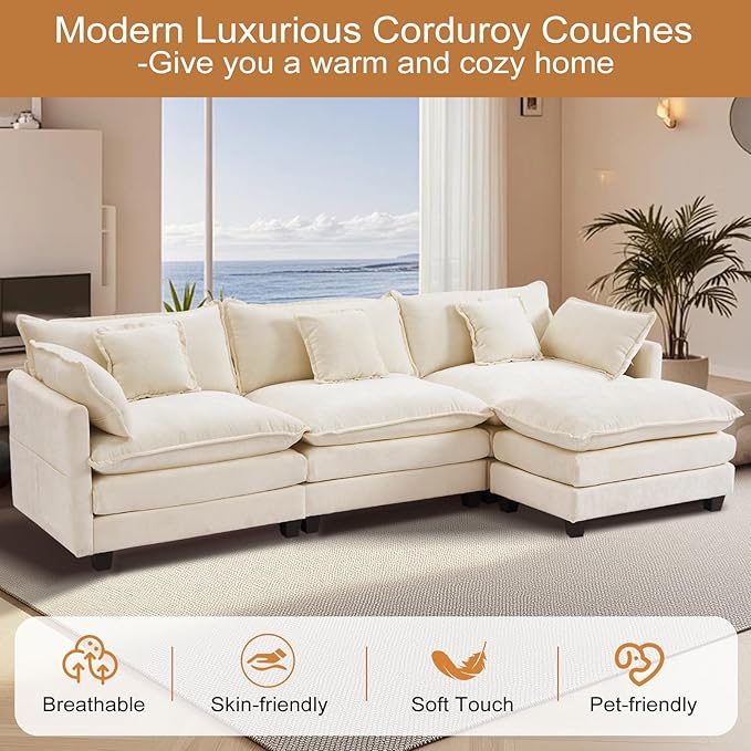Furniliving 112‘’ L-Shaped Sofa, Luxury Chenille Modular Sectional Couches with Ottoman, Upholstered Deep Seat Sleeper Sofa with Memory Foam and Waist Pillows, Beige