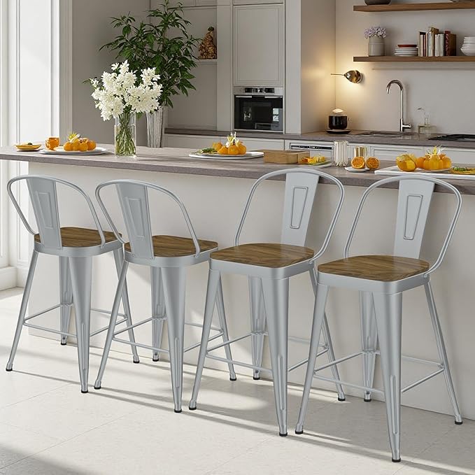 Metal Bar Stools Set of 4, High Back Bar Stools with Wooden Seat, 30 inch Silver Barstools for Kitchen Island
