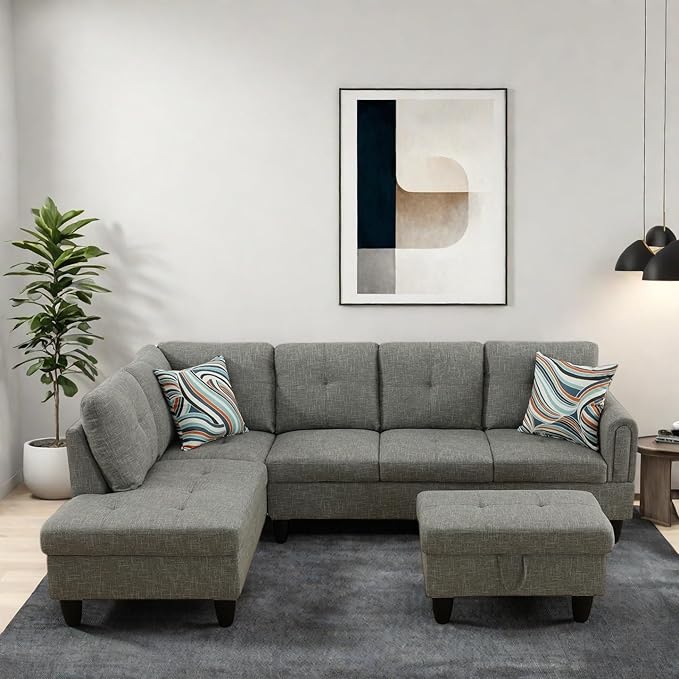 Modern Living Room Furniture Sets with Pillows, Modular Sectional Couches with Chaise Lounge, 4-Seaters L Shape Sofa with Storage Ottoman, for Living Room, Grey