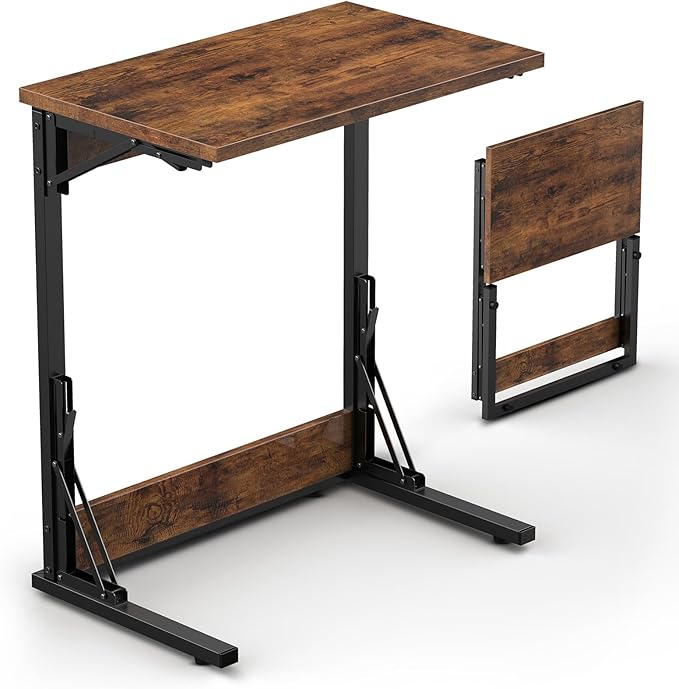 Tatub 24" Folding C Shaped End Table, Small Sofa Side Laptop Desk, Couch TV Tray Table for Living Room, Bedroom, Rustic Brown