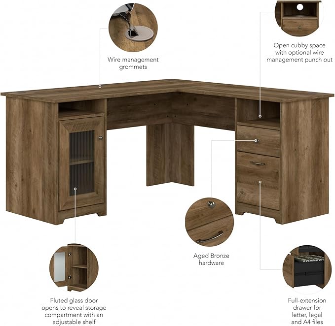 Bush Furniture Cabot 60W L Shaped Computer Desk with Storage in Reclaimed Pine