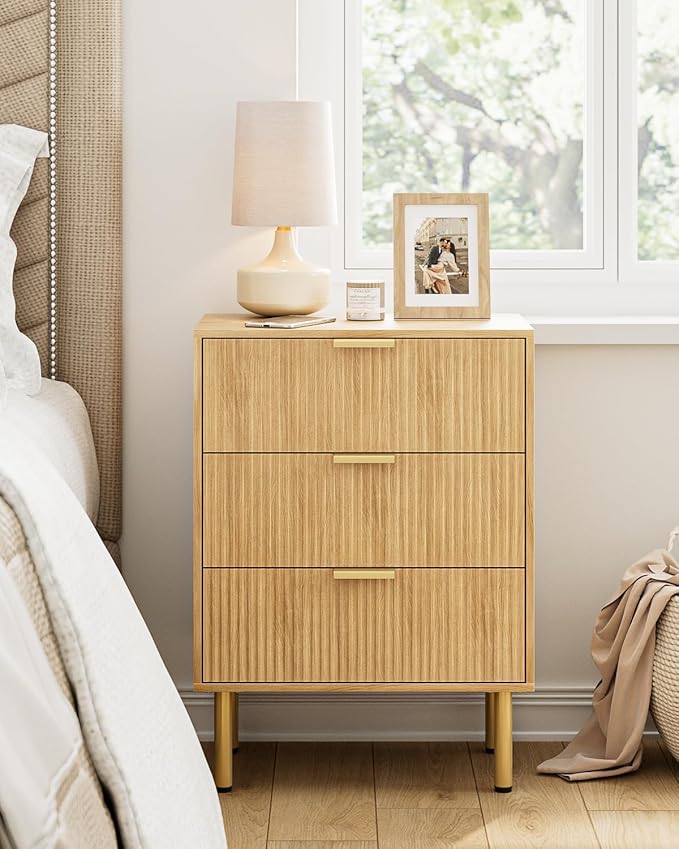 Night Stand,Tall Bedside Table with 3Storage Drawers,Oak Nightstand,Bedside Furniture,Side Table with Gold Frame,End Table for Bedroom,Living Room