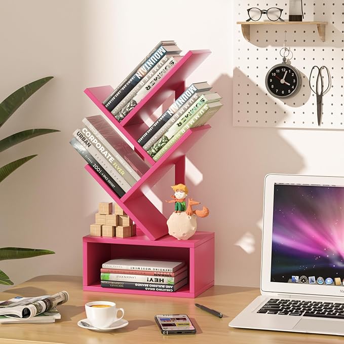 Small Tree Book Shelf,5 Tier Black Tree Bookshelf,Desktop Bookcase,Modern Desk Display Storage Bookshelves,Floor Standing Organizer Bookcases for Living Room,Bedroom,Office