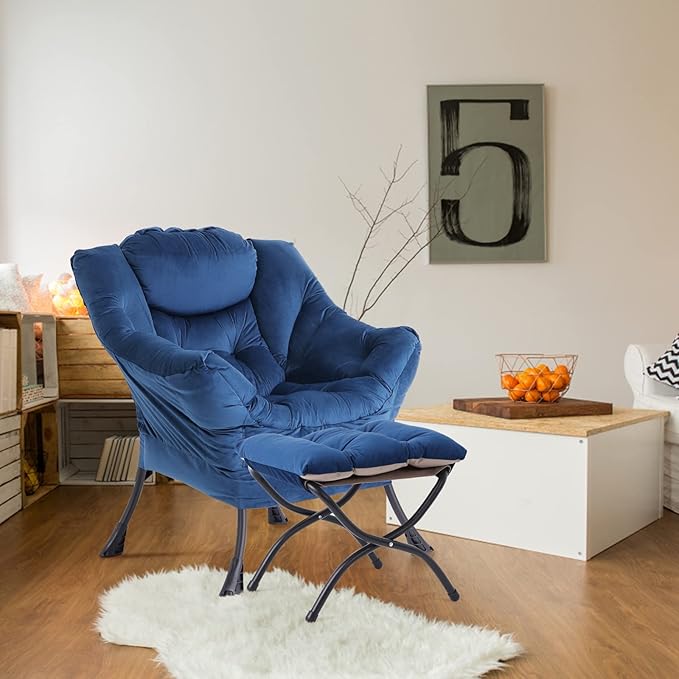 LITA Lazy Chair with Ottoman, Modern Accent Leisure Upholstered Sofa Chair, Contemporary Lounge Reading Chair with Armrests and a Side Pocket for Living Room, Bedroom & Small Space, Royal Blue