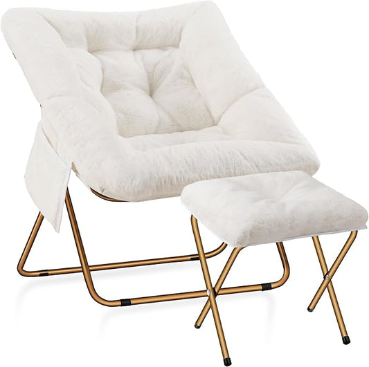 Comfy Saucer Chair for Adults, Foldable Living Room Chairs, Soft Faux Fur Lounge Chair for Bedroom, Reading Chairs, X-Large (Ottoman-White)