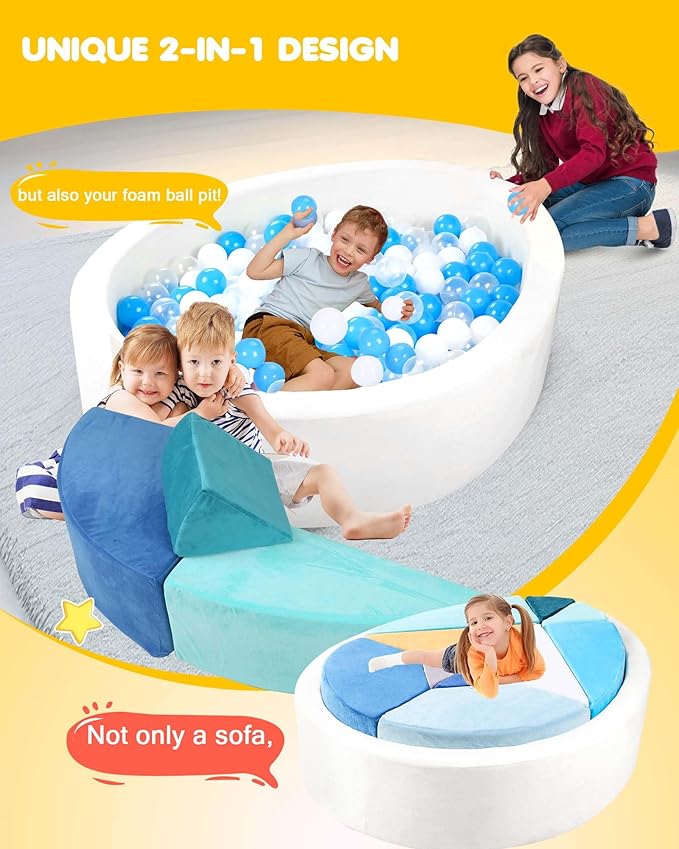 Kids Play Couch, 2-in-1 Egg-Shape Kid Plays Sofa with Unique Ball Pit(no Balls Included), Tangram Puzzle Play Couch for Playroom, Modular Play Couchs for Inspiring Creativity, Ocean