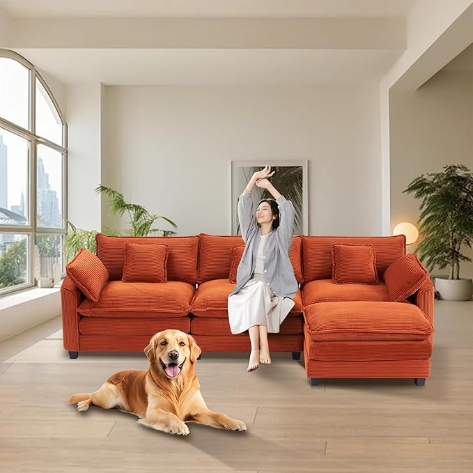 Furniliving 117‘’ L-Shaped Sofa, Luxury Corduroy Modular Sectional Couches with Ottoman, Upholstered Deep Seat Sleeper Sofa with Memory Foam and Waist Pillows, Orange