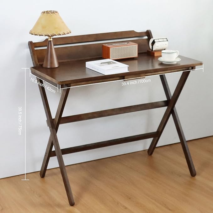Solid Wood Folding Desk,Foldable Computer Desk with Shelf for Home Office, Space Saving Portable Laptop Study Foldable Table for Small Spaces,Walnut Color