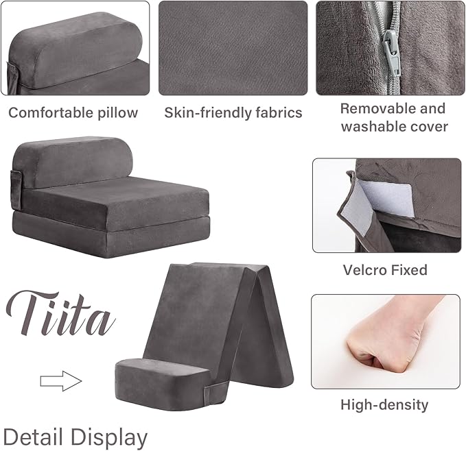 Tiita Folding Sofa Bed for Kids, Toddler Fold Out Couch Bed with Removable Cover, Kids Futon Sleeper Chair Folding Bed Mattress for Kids Room, Living Room, Guest Room,Gray