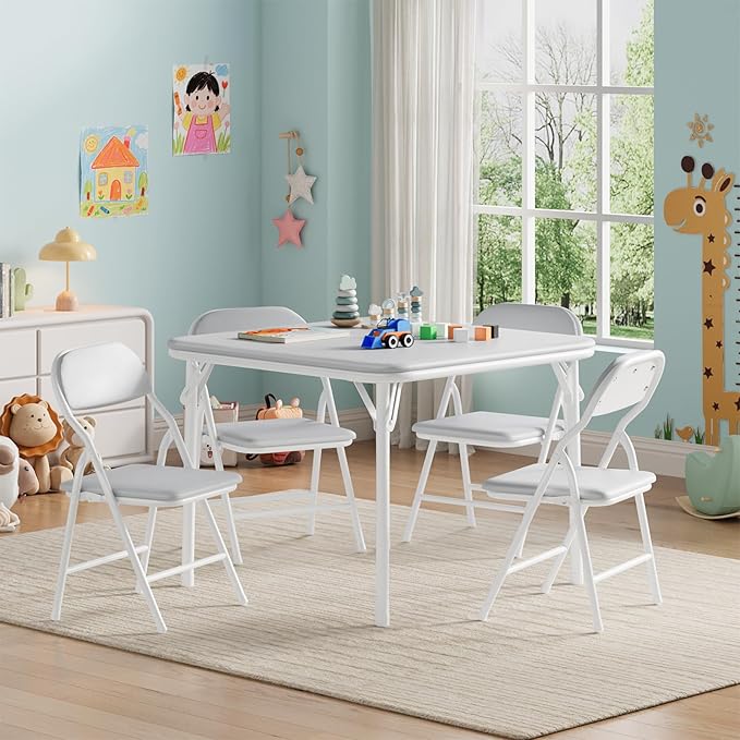 IDEALHOUSE 5 Piece Folding Kids Table and Chairs Set, Children Activity Table and Chairs Set for Dining Room,Daycare,Classrooms