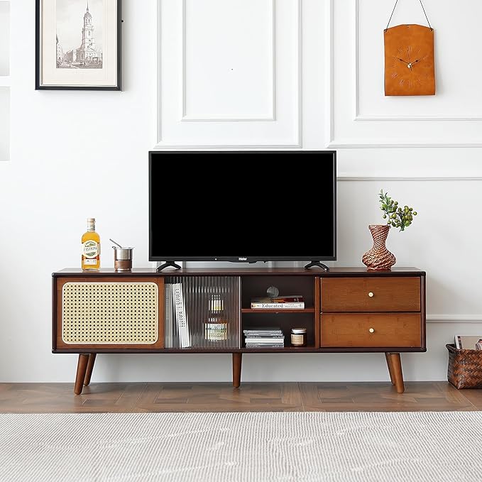 Tiita TV Stand with Storage for TVs up to 65'', Bamboo Rattan TV Console Entertainment Center with 2 Open Shelf, Mid Century Modern Media Console for Living Room, Bedroom, Walnut