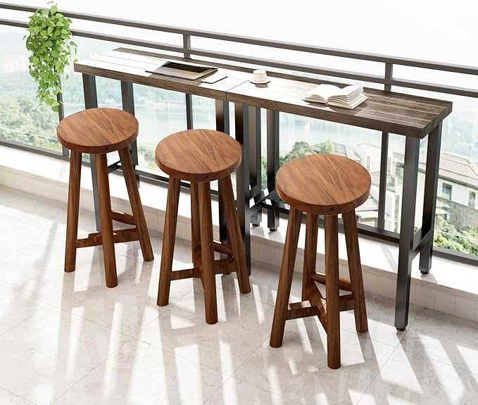 Solid Teak Wood Barstool with Round Seat for Kitchen Counter, Home Bar Furniture, 24-Inch Height