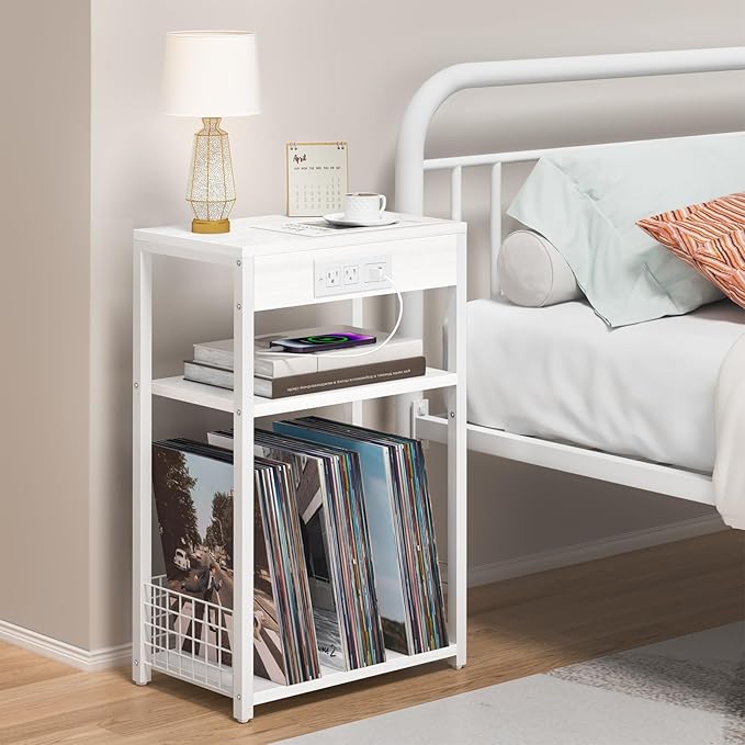 LELELINKY 3 Tier End Table with Charging Station, White Record Player Stand with Storage Up to 100 Albums Brown, Night Stand with USB Port, Nightstand for Small Spaces