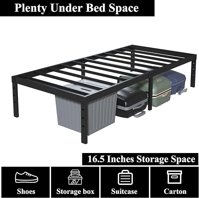 18 Inch Twin Bed Frames No Box Spring Need, Metal Platform Bed Frame Twin Size with High Storage, Eassy Assembly 2,500 Lbs Heavy Duty Bedframes, Black