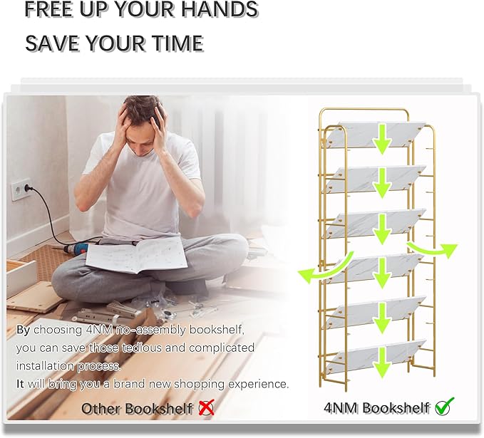 4NM No Assembly Folding Bookshelf 6 Tiers Vintage Industrial Gold Book Shelf Metal Foldable Storage Bookcase and Bookshelves for Living Room,Bedroom and Kitchen - White and Gold