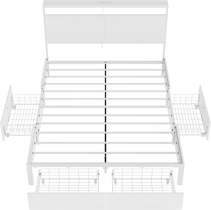 Queen Bed Frame with 4 Storage Drawers Bed Frame Queen Size with Headboard LED Lights Charging Station Metal Slats Platform Heavy-Duty Support No Box Spring Needed White