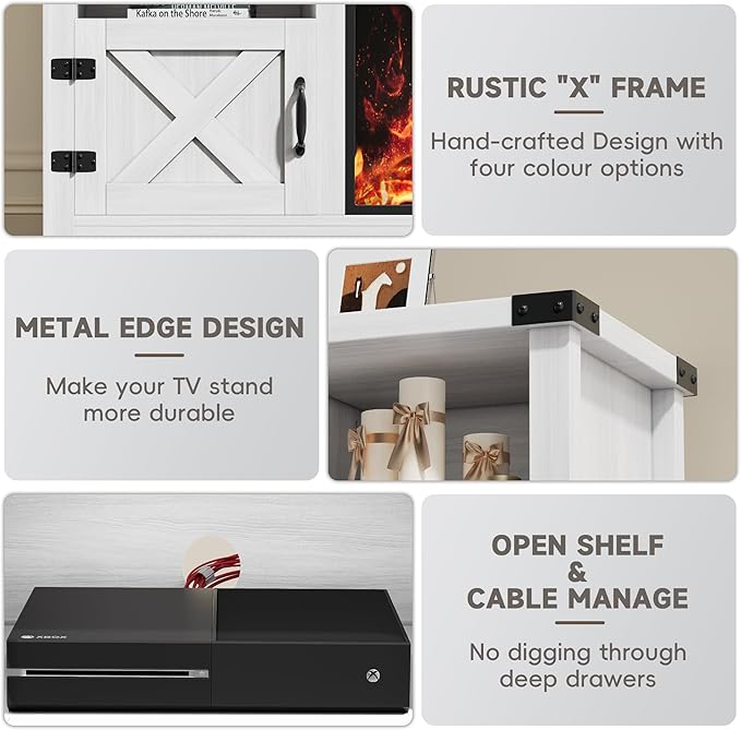 YESHOMY Fireplace TV Stand with Barn Doors and Open Display Shelf, Farmhouse Media Console with Hidden Cable Routing, Entertainment Center for Televisions up to 65+ Inch, White
