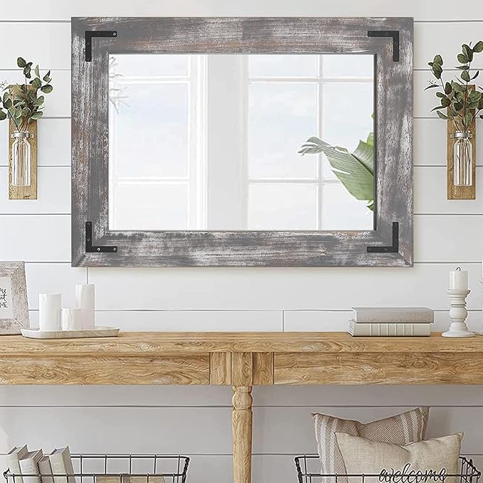 YOSHOOT Rustic Wooden Framed Wall Mirror, 48"x30", Natural Wood Bathroom Vanity Mirror for Farmhouse Decor, Vertical or Horizontal Hanging