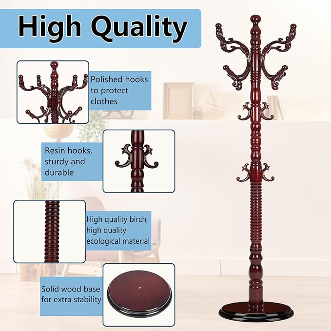 Solid Wood Coat Rack, Coat Racks Free Standing with 14 Hooks, Vintage Coat Rack with Stable Disc Base, Adjustable Height 73 in for Porch, Living Room, Bedroom, Office (Redwood Color)