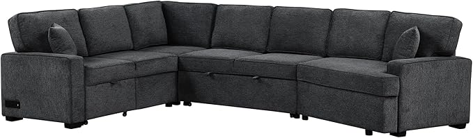 126" Extra Large Pull-Out Sofa Bed with Drop-Down Cup Holder Tables,L-Shaped Sectional Couch W/Charging Device,Convenient Sleeper Furniture Set for LivingRoom Apartment,Beige Chenille