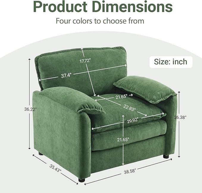 Ball & Cast 38" Oversized Chenille Lounge Chair,Reading Armchair with Thick Comfort Cushions,High Back Support & Wide Seat,Perfect Accent Chair for Modern Living Room,Bedroom,Green