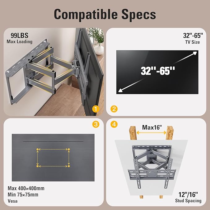 Mounting Dream TV Wall Mount for 32-65 Inch Television,Mount with Swivel and Tilt, Full Motion Bracket with Articulating Dual Arms, Fits 16inch Studs, Max VESA 400X400 mm, 99lbs, MD2581