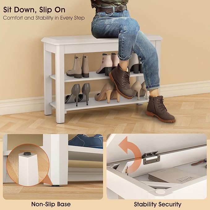 Shoe Rack Bench Seat Rubberwood 2-Tier Wooden Storage Bench 550lbs Compact Mid-Century Modern Design for Entryway, Hallway, Closet, Front Door Entrance, Foyer