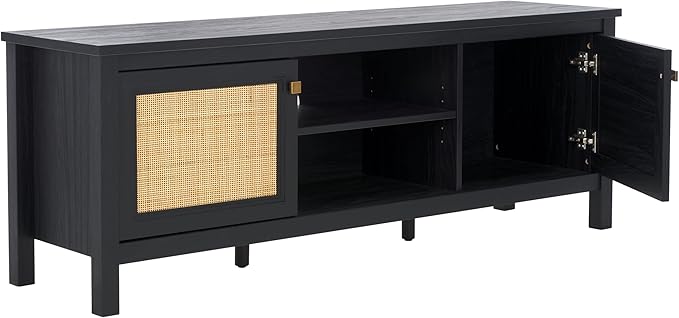 SAFAVIEH Evane TV Stand for up to 65" Flatscreen – Black & Natural, 2 Doors with Interior Storage, 2 Open Shelves, Entertainment Media Console (MED9629B)